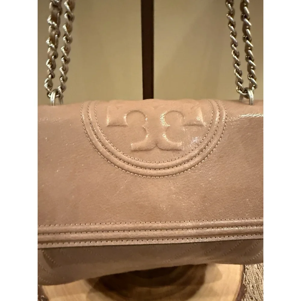 Tory Burch Fleming Distressed Flap, Tassel Shoulder Crossbody Bag Taupe 458$